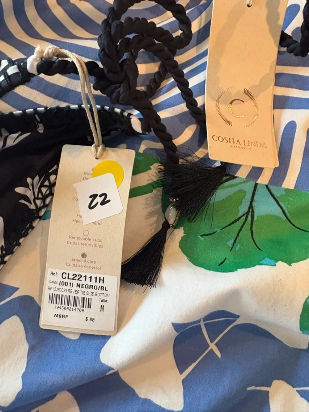 NWT Cosita Linda luxury Black & White Palm-Print Triangle Bikini Set, medium - Picture 9 of 11